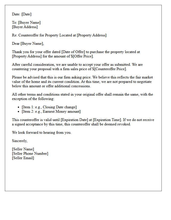 Firm Price Initial Seller Counteroffer Letter