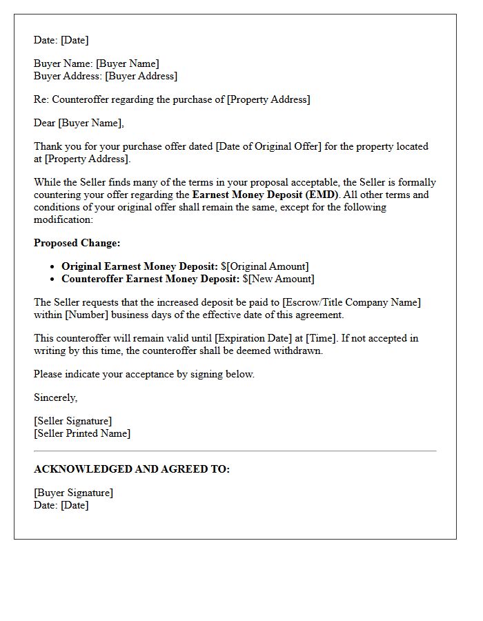Seller Counteroffer Letter Adjusting Earnest Money Deposit