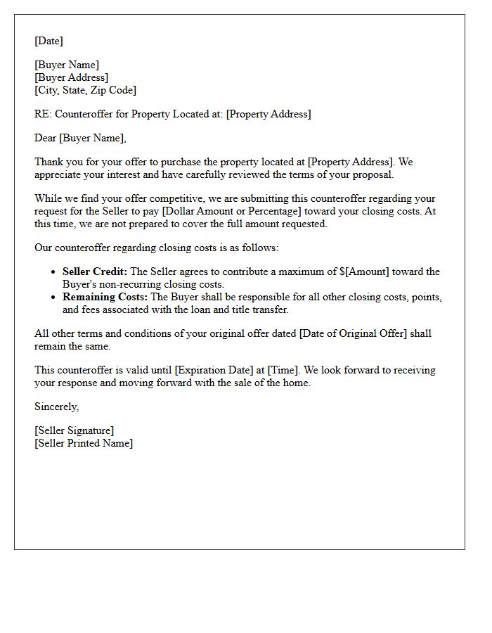 Initial Seller Counteroffer Letter Countering Closing Costs