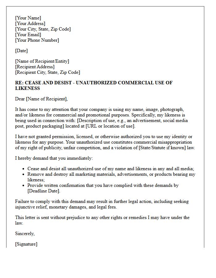 Commercial Misappropriation of Likeness Cease and Desist Letter