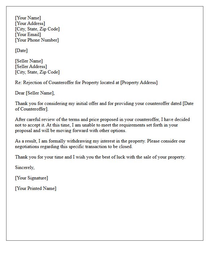 Buyer Rejection of Seller Counteroffer Letter