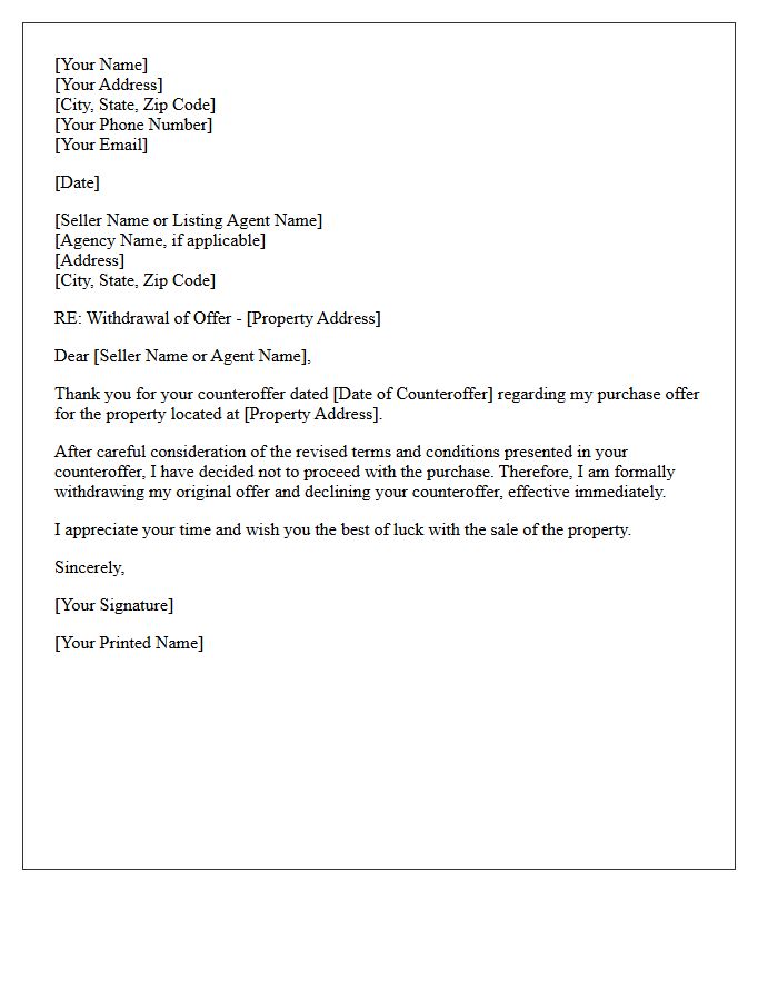 Buyer Withdrawal of Offer Due to Seller Counteroffer Letter