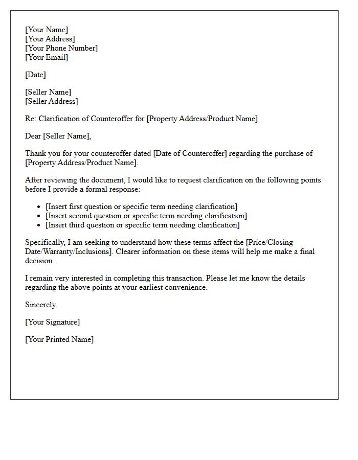 Buyer Clarification Request for Seller Counteroffer Letter
