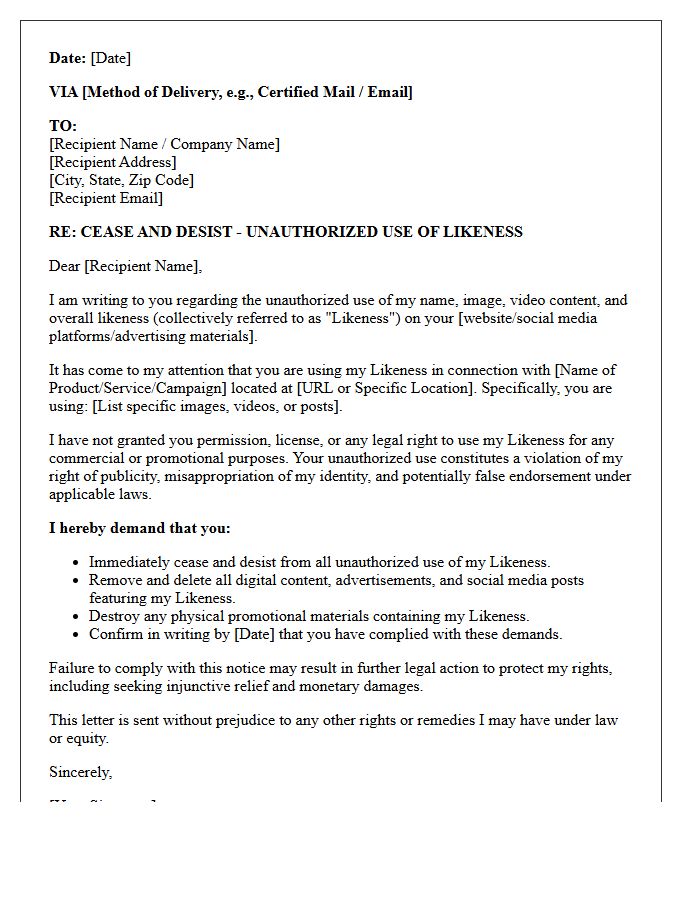 Social Media Influencer Likeness Infringement Cease and Desist Letter