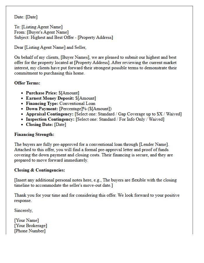 Conventional Financing Highest and Best Offer Submission Letter