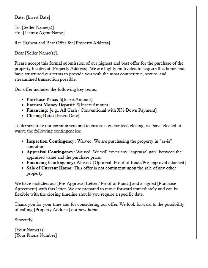 Waived Contingencies Highest and Best Offer Submission Letter