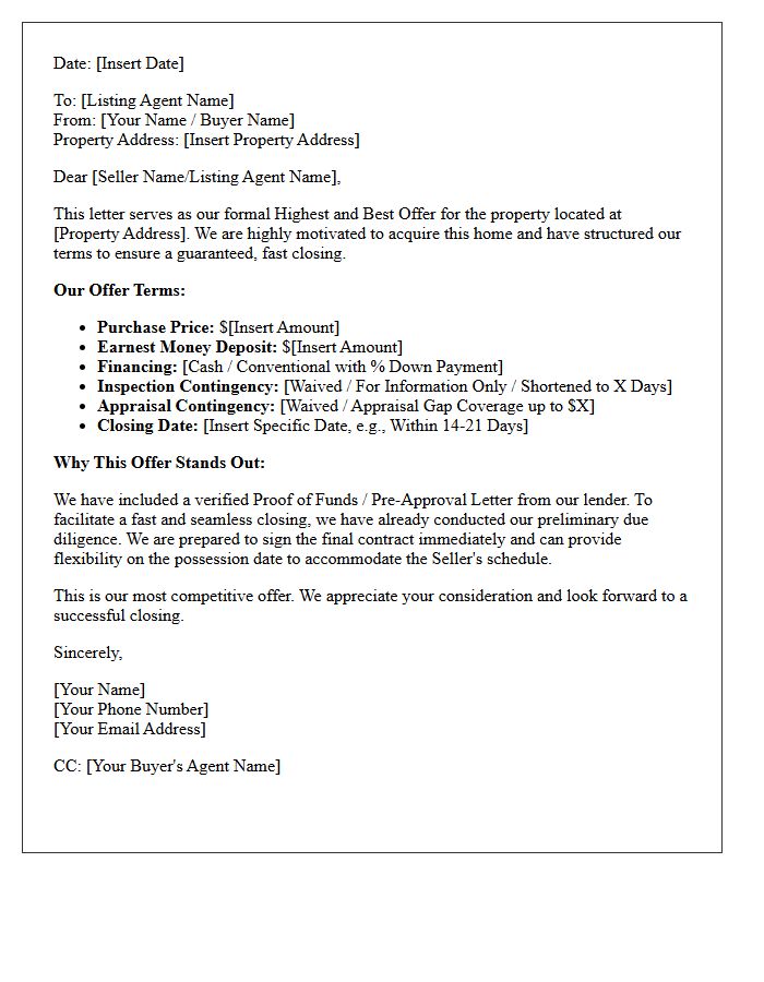 Fast Closing Highest and Best Offer Submission Letter