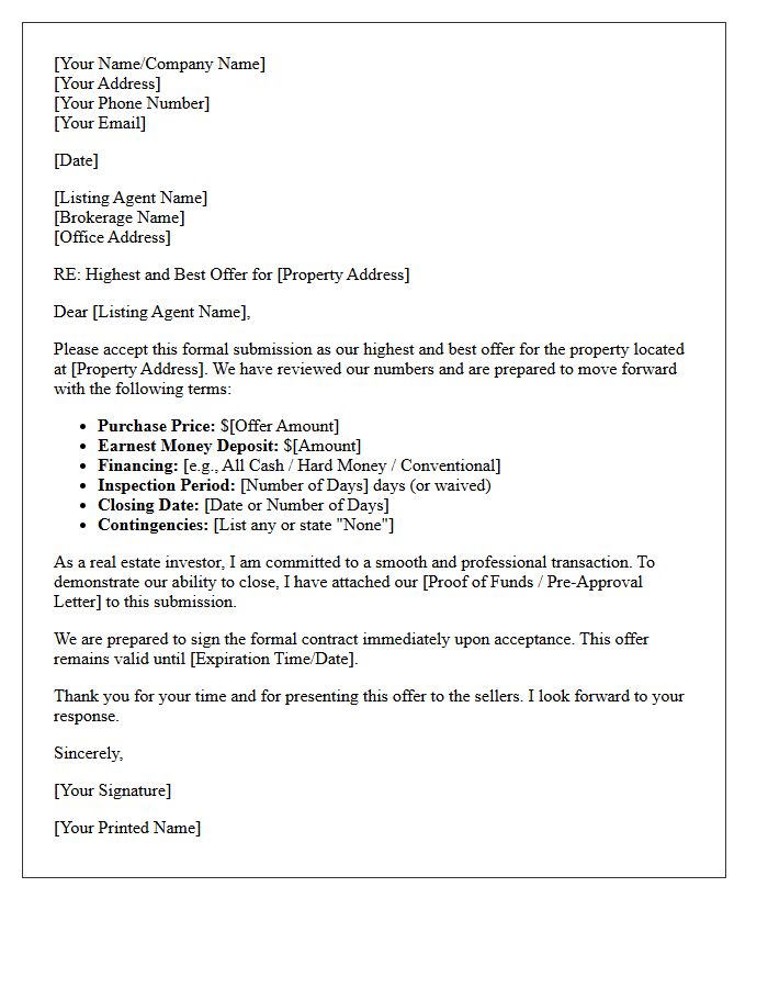Real Estate Investor Highest and Best Offer Submission Letter