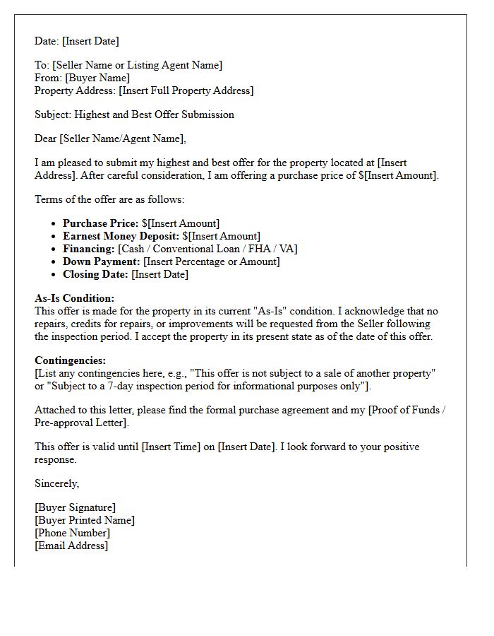 As-Is Condition Highest and Best Offer Submission Letter