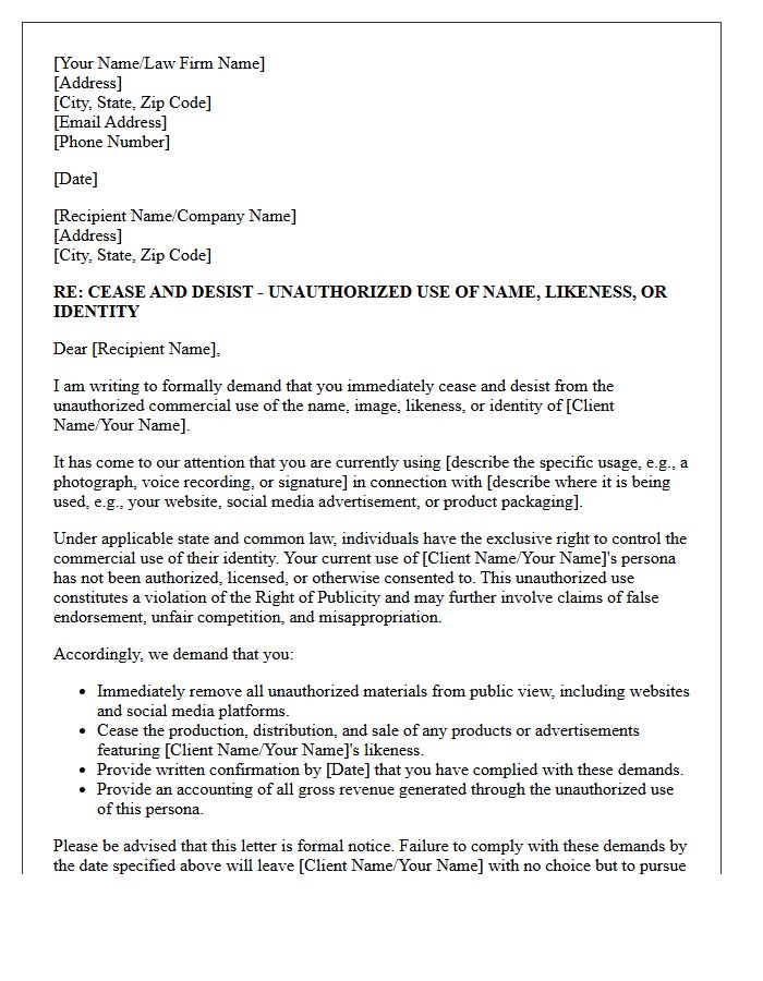 Right of Publicity Violation Cease and Desist Letter
