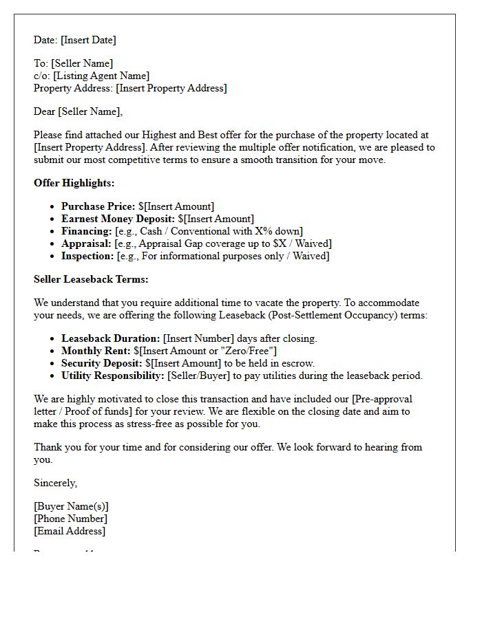 Seller Leaseback Highest and Best Offer Submission Letter