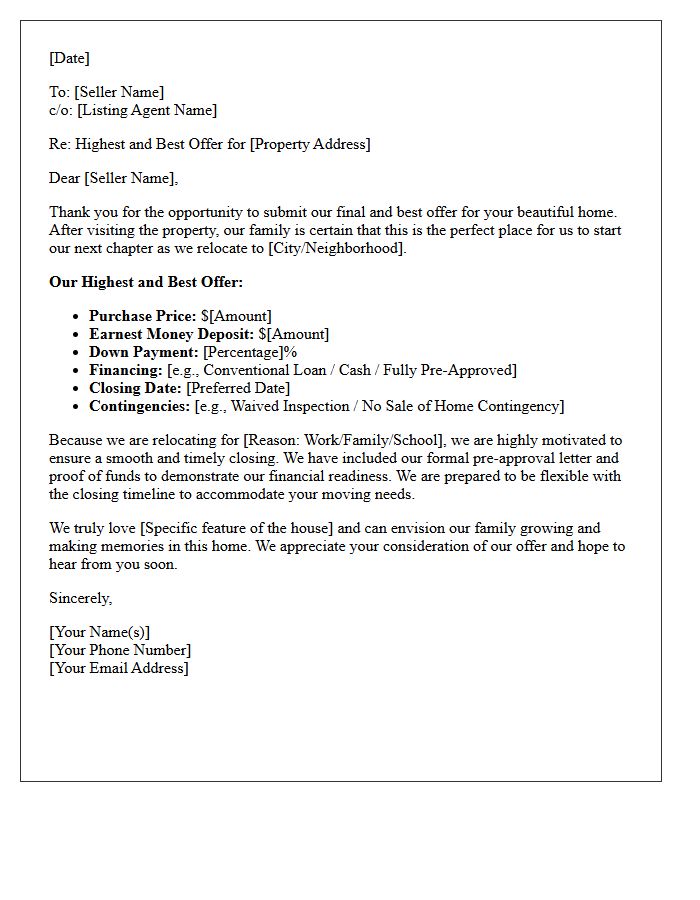 Family Relocation Highest and Best Offer Submission Letter