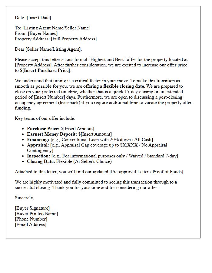 Flexible Closing Date Highest and Best Offer Submission Letter