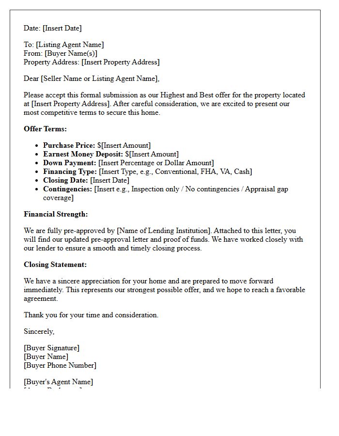 Pre-Approved Buyer Highest and Best Offer Submission Letter