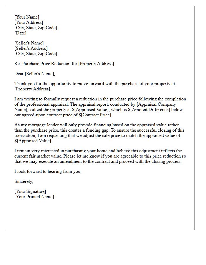 Purchase Price Reduction Request Letter For Appraisal Shortfall
