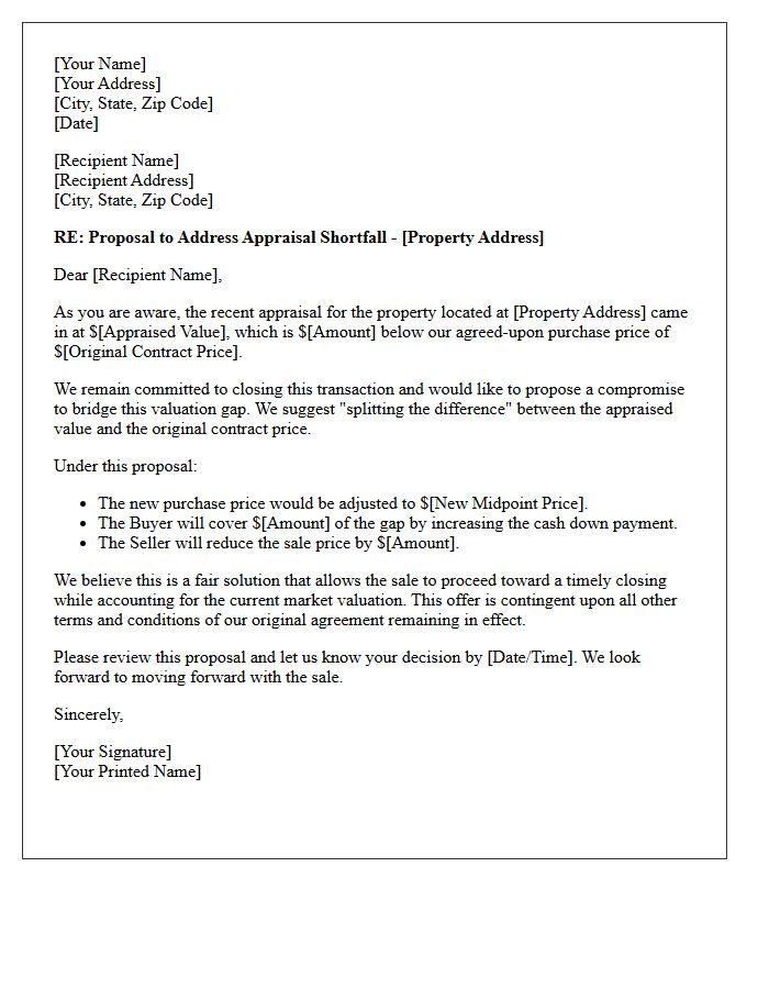 Split Difference Proposal Letter Regarding Low Appraisal