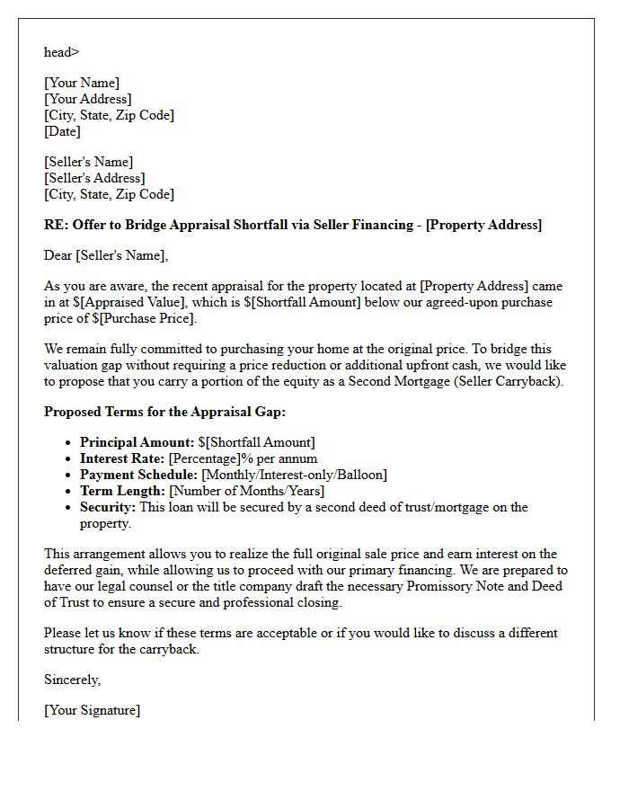 Seller Financing Offer Letter To Cover Appraisal Shortfall