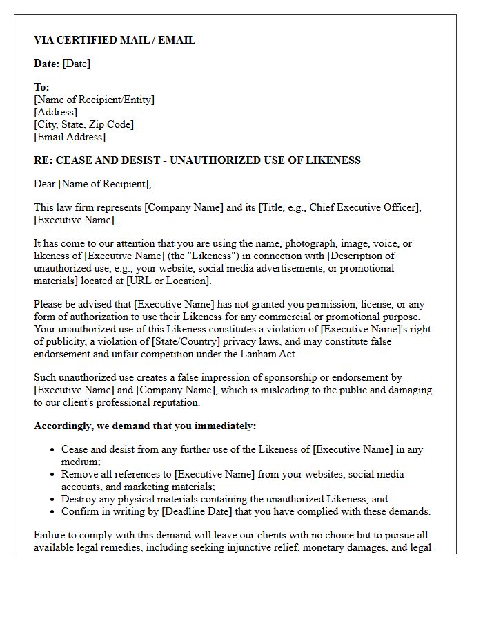 Unauthorized Use of Corporate Executive Likeness Cease and Desist Letter