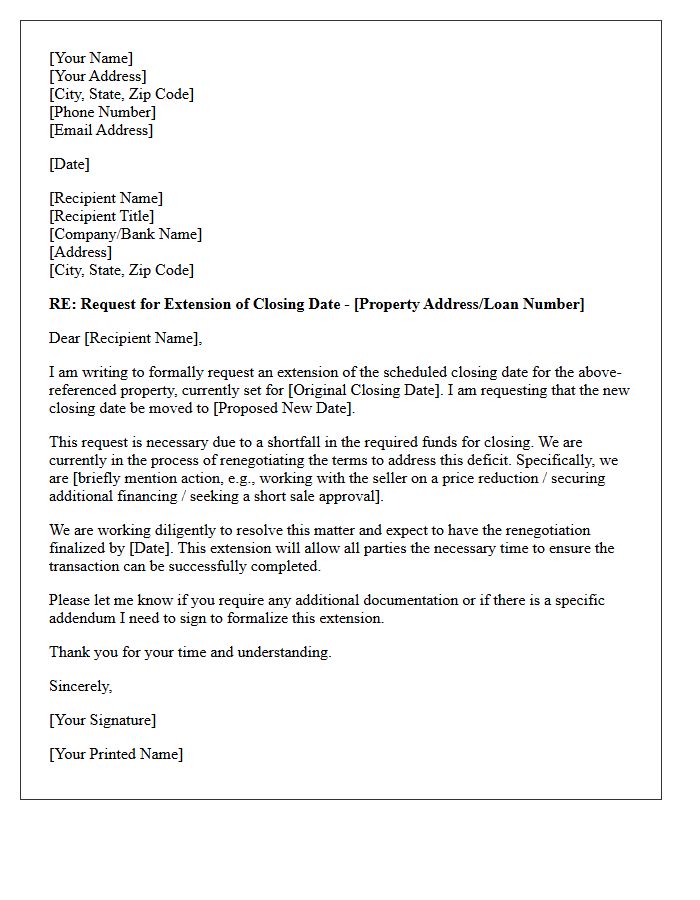 Closing Extension Request Letter For Shortfall Renegotiation