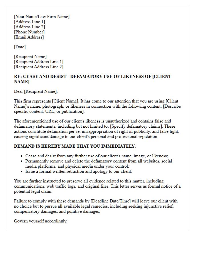 Defamatory Use of Client Likeness Cease and Desist Letter