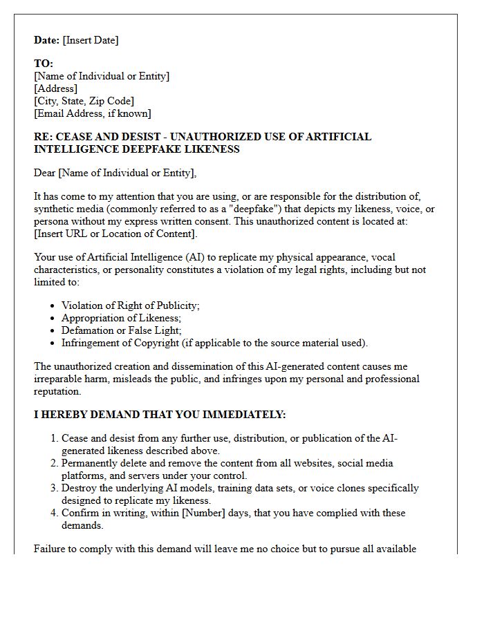 Unauthorized Artificial Intelligence Deepfake Likeness Cease and Desist Letter