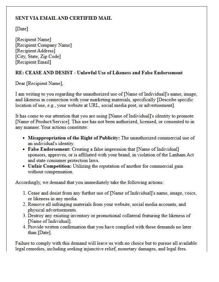 False Endorsement and Likeness Misappropriation Cease and Desist Letter