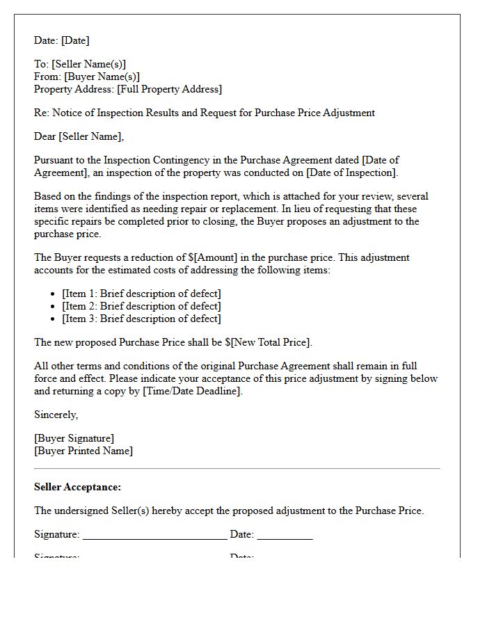 Inspection Contingency Price Adjustment Letter