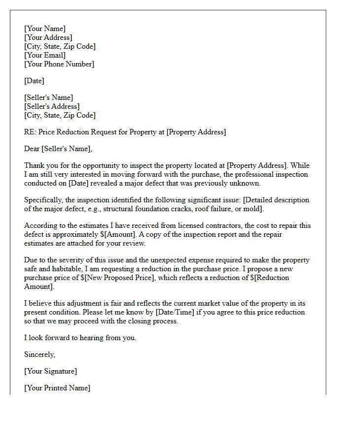 Major Defect Price Reduction Request Letter