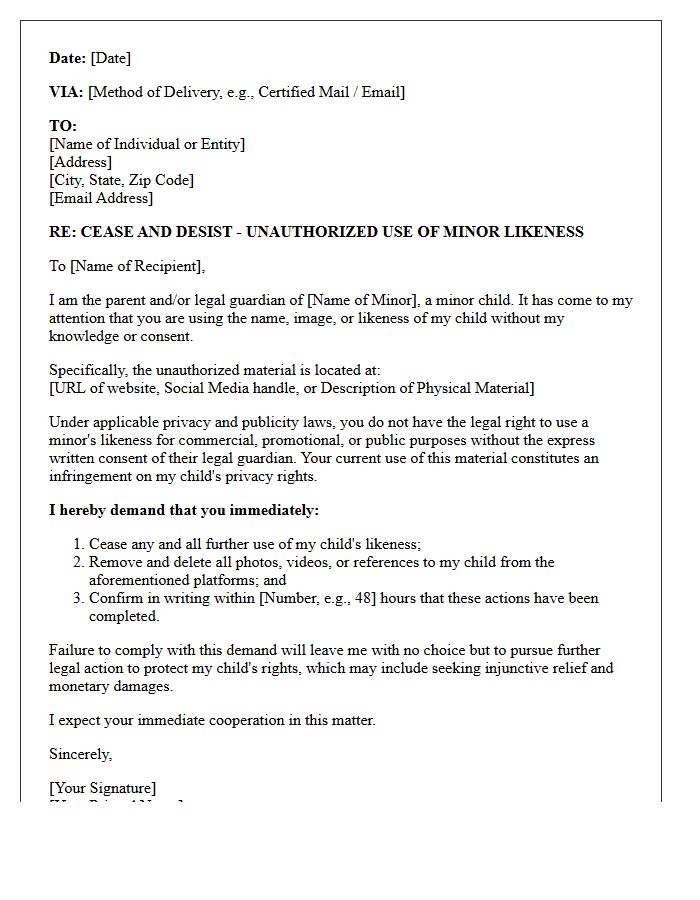 Unauthorized Use of Minor Likeness Cease and Desist Letter
