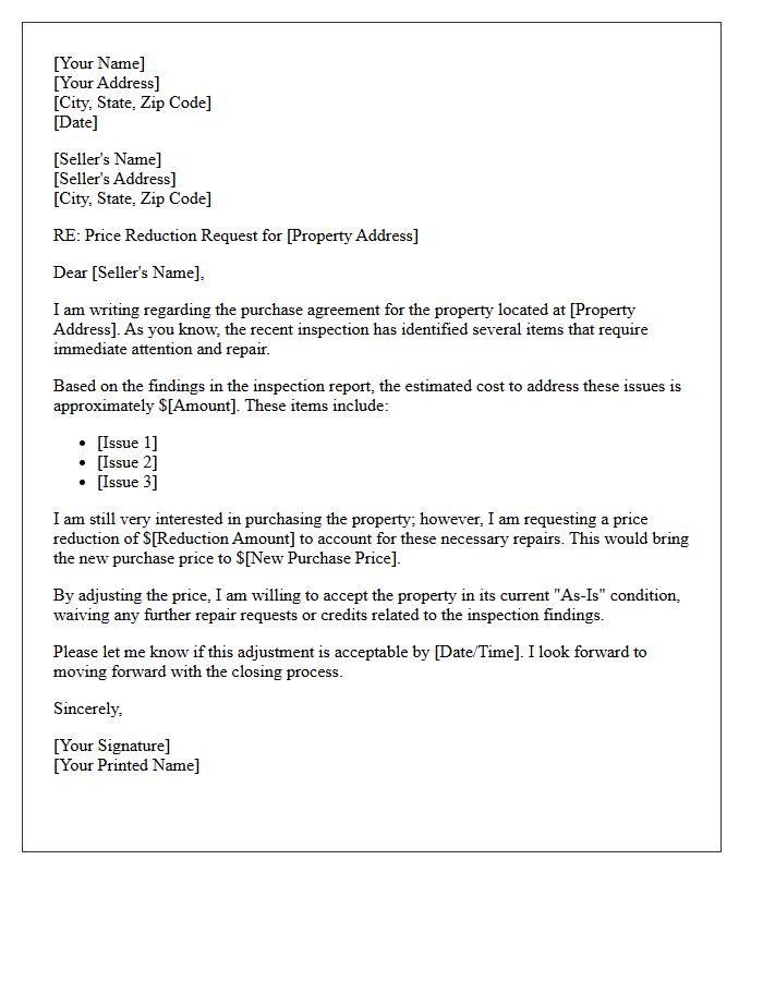 As-Is Condition Price Reduction Letter