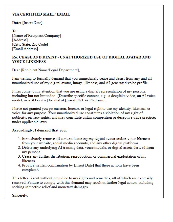 Digital Avatar and Voice Likeness Cease and Desist Letter