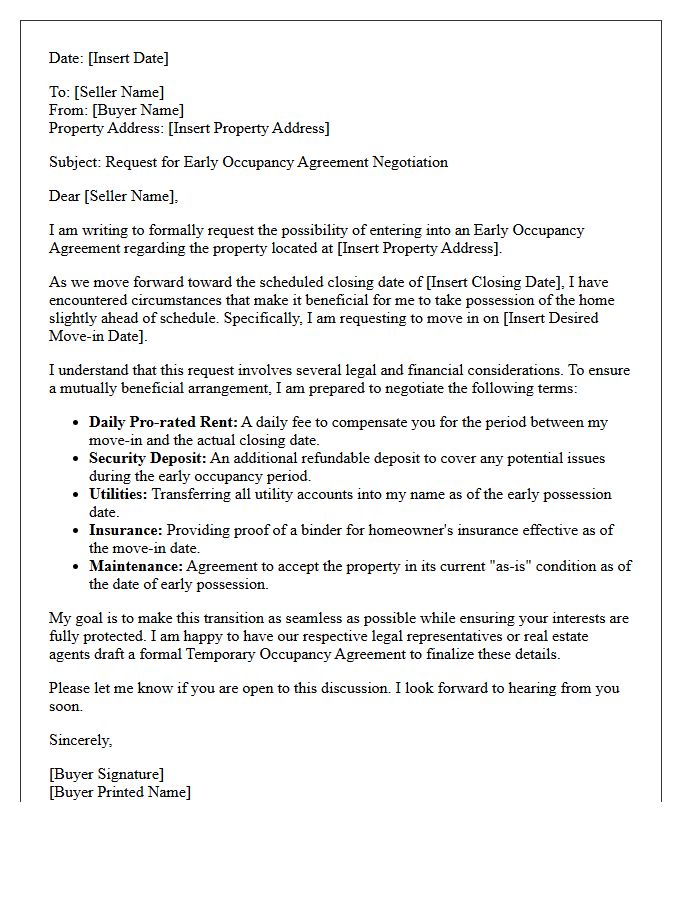Buyer Request For Early Occupancy Agreement Negotiation Letter