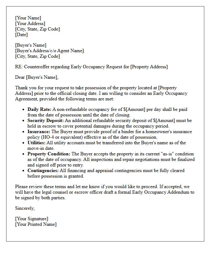 Seller Counteroffer Early Occupancy Negotiation Letter