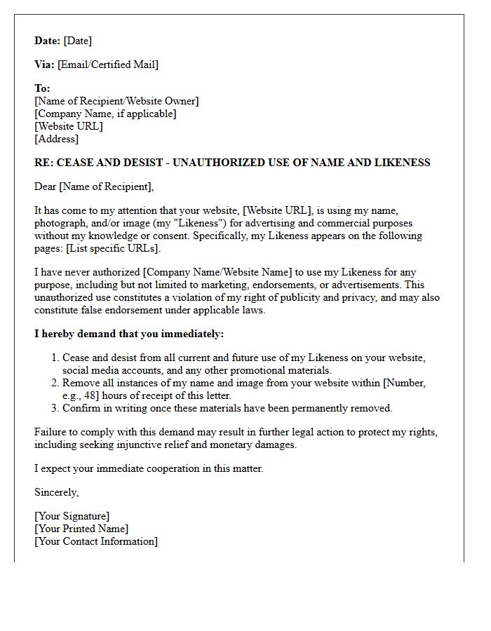Unauthorized Website Advertising Likeness Cease and Desist Letter