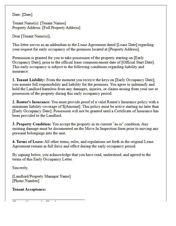 Tenant Liability And Insurance Early Occupancy Letter