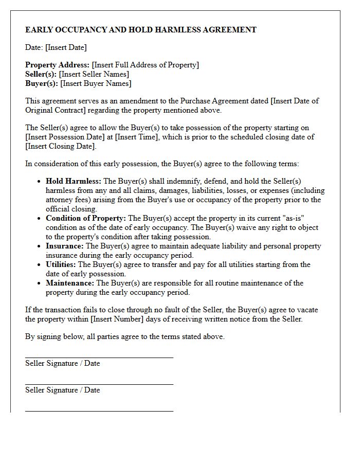 Hold Harmless Early Occupancy Agreement Letter