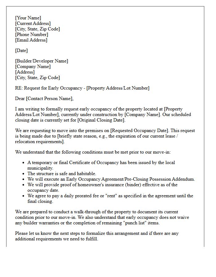 New Construction Early Occupancy Request Letter
