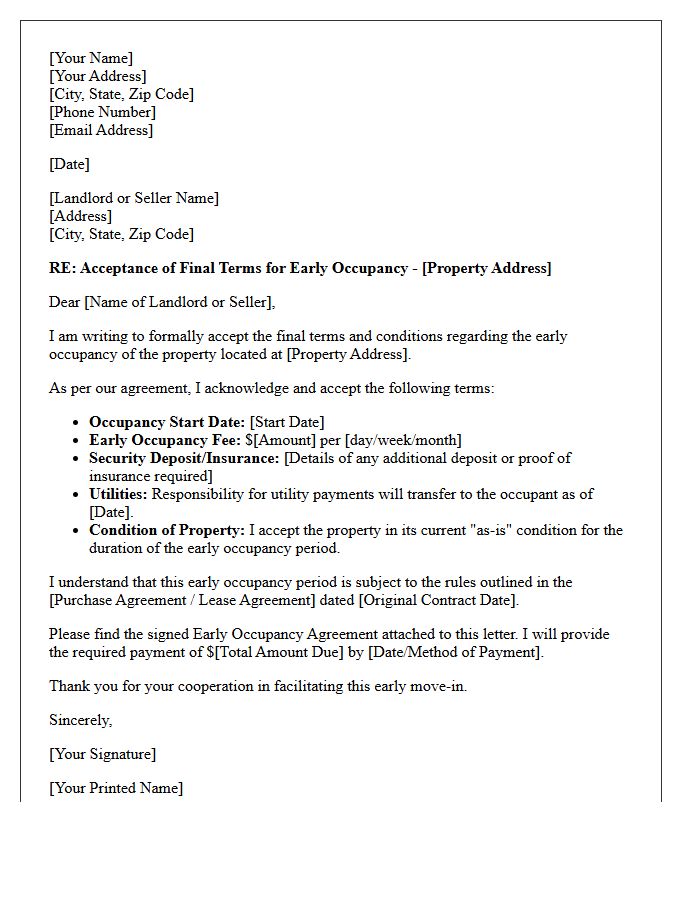 Final Terms Acceptance Early Occupancy Letter