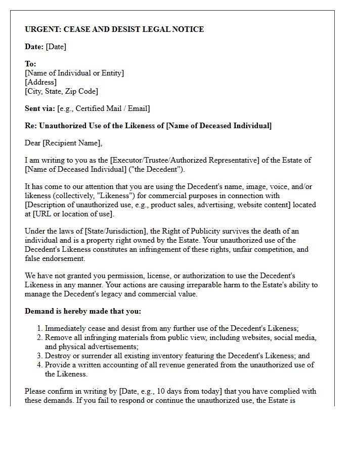 Posthumous Right of Publicity Likeness Cease and Desist Letter