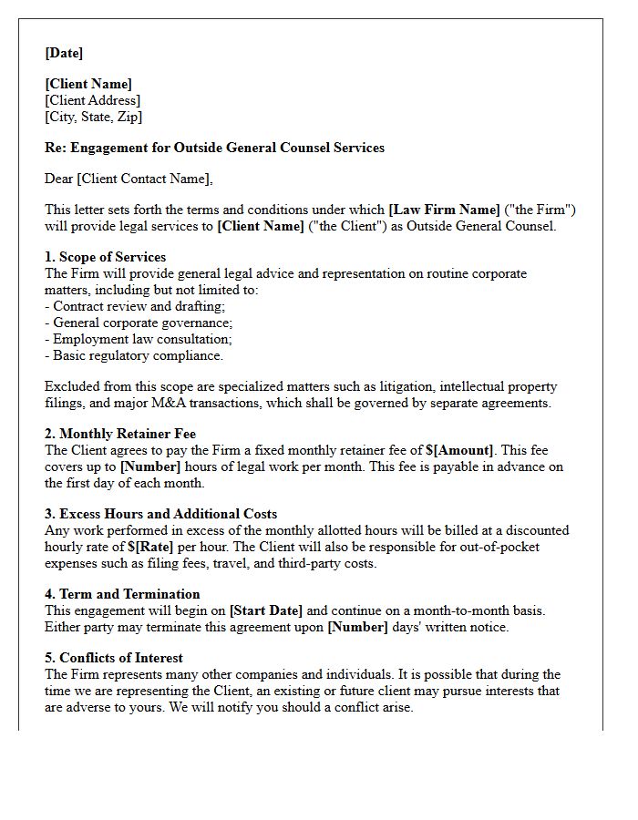 Monthly Retainer Outside General Counsel Engagement Letter