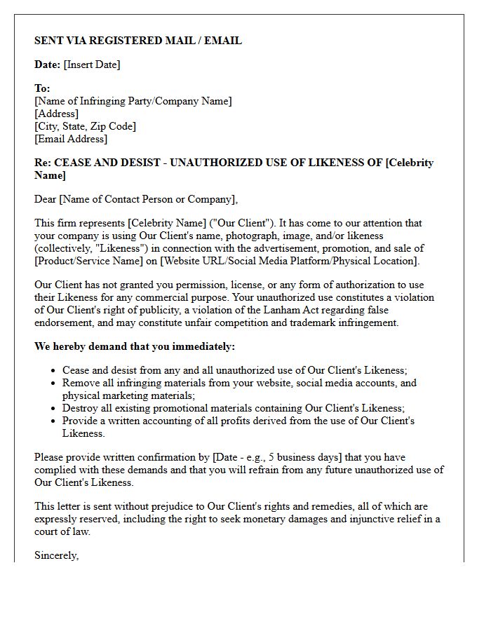 Unauthorized Use of Celebrity Likeness Cease and Desist Letter