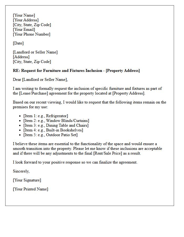 Standard Furniture and Fixtures Inclusion Request Letter