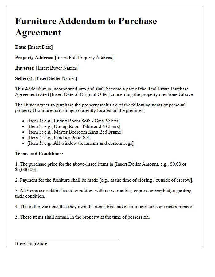 Real Estate Purchase Offer Furniture Addendum Letter
