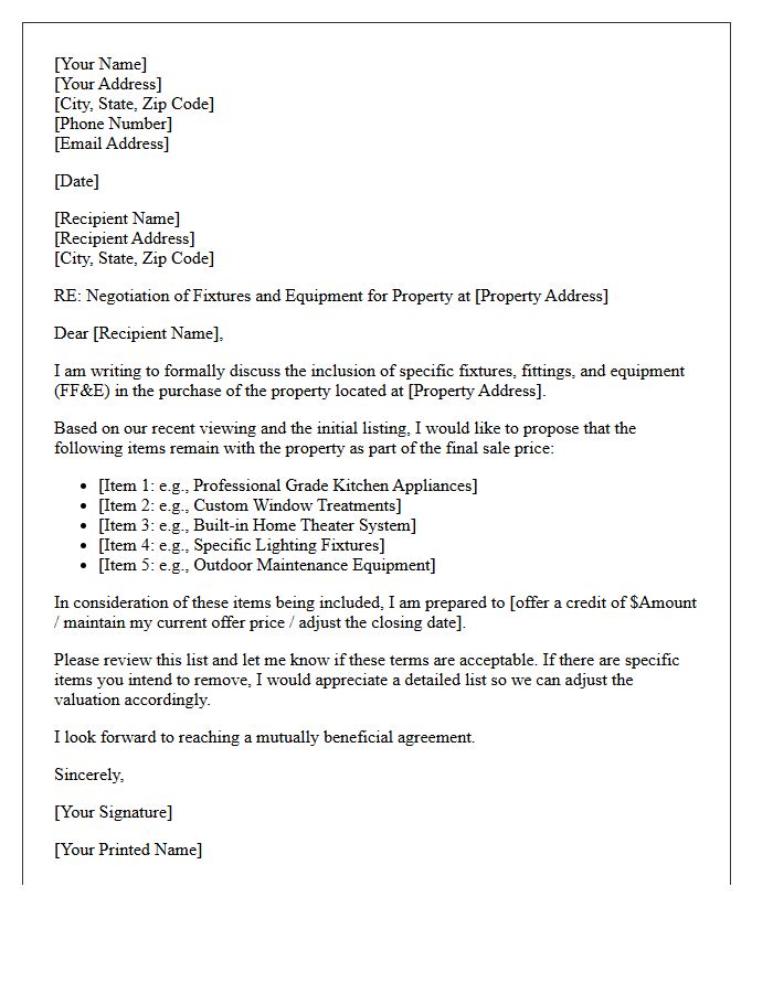 Property Fixture and Equipment Negotiation Letter