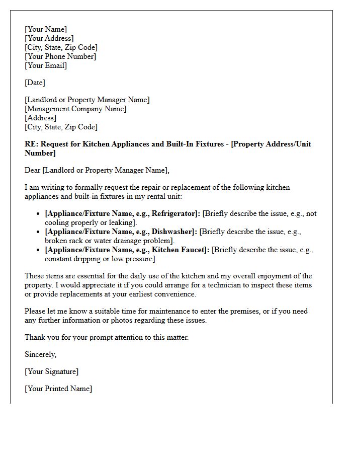Kitchen Appliances and Built-In Fixtures Request Letter
