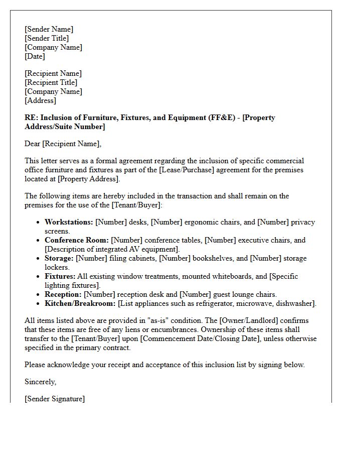 Commercial Office Furniture and Fixtures Inclusion Letter