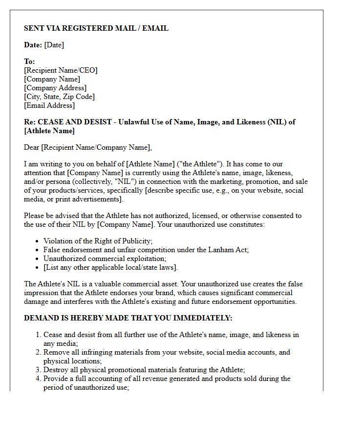 Athlete Name and Image Misappropriation Demand Letter