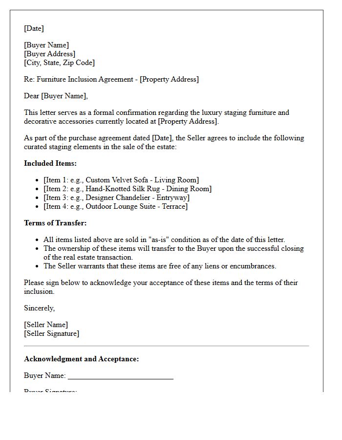 Luxury Estate Staging Furniture Inclusion Letter