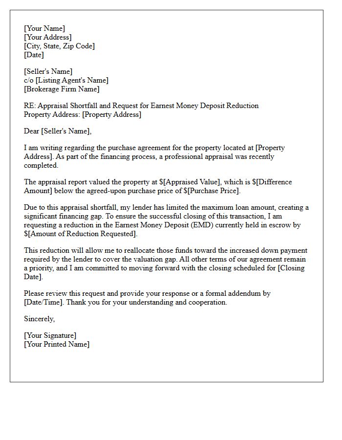 Appraisal Shortfall Earnest Money Deposit Reduction Request Letter