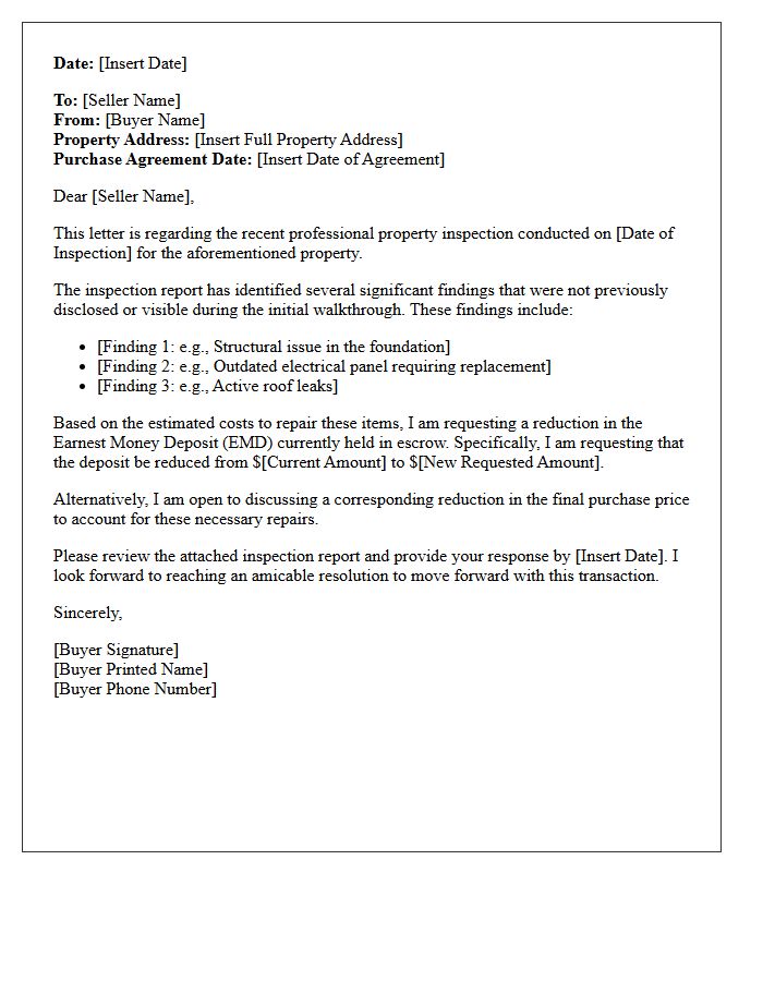 Property Inspection Finding Earnest Money Deposit Reduction Request Letter
